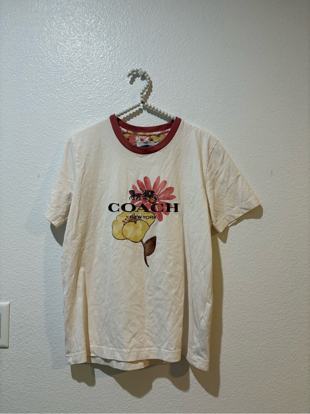 Coach M Cream Graphic Flower Tee with pink Trim